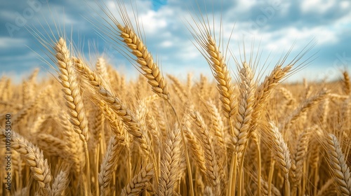 Wallpaper Mural Golden ears of ripe wheat under a vibrant blue sky with wispy clouds in a serene rural landscape, background groundwork, fond mockup, mock up, template, empty, for text, place, copyspace, copy space Torontodigital.ca