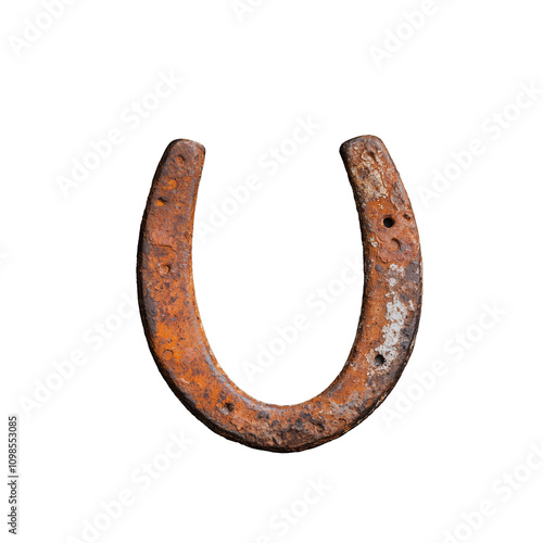 Rusty horseshoe with weathered texture and unique shape on transparent background photo