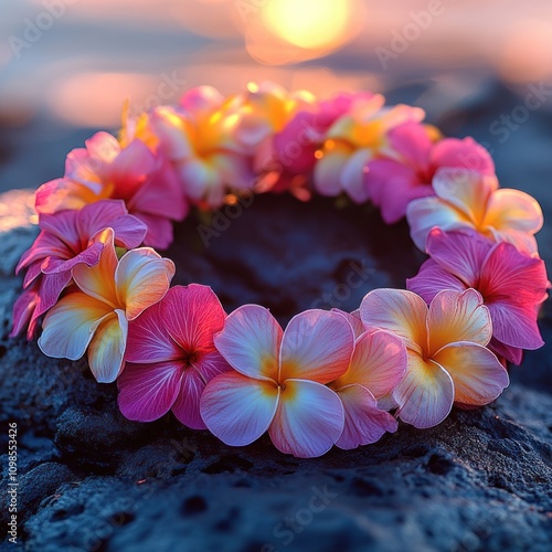 Plumeria blossom wreath on dark volcanic rock at sunset