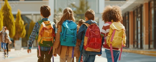 A group of children, viewed from behind, walk towards a school building, each carrying a backpack. The photo highlights togetherness, friendship, and the start of a school day photo