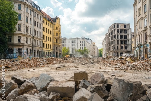 A once-thriving city center now in ruins, with iconic buildings and landmarks destroyed, reflecting the devastation of urban warfare photo