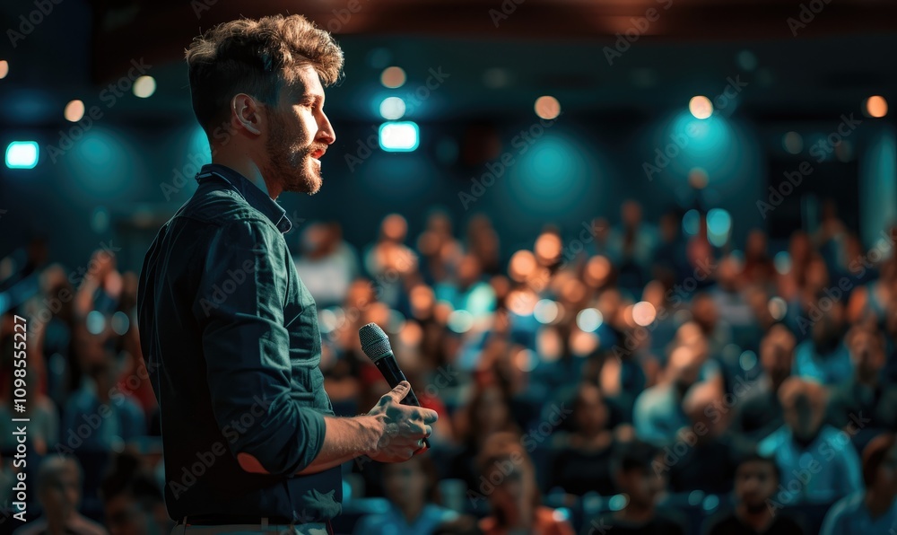A lively scene of a speaker with a microphone addressing a large audience in a dimly lit auditorium, capturing a moment of connection and engagement