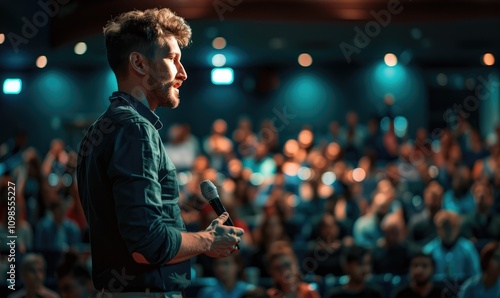 Obraz na płótnie A lively scene of a speaker with a microphone addressing a large audience in a dimly lit auditorium, capturing a moment of connection and engagement w salonie