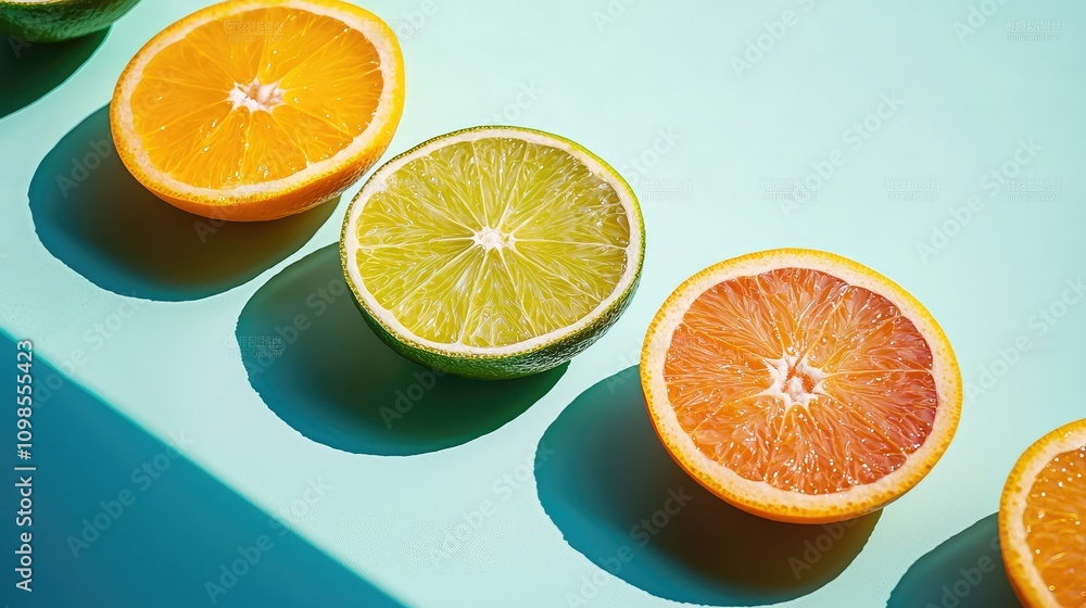 Fototapeta premium Fresh Orange and Lime Slices on Bright Summery Background - Vibrant Citrus Fruits for Refreshing Summer Drinks and Recipes