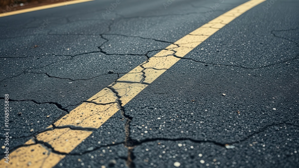 Fototapeta premium A cracked asphalt road surface with a yellow line running through the center, showcasing the wear and tear of time.