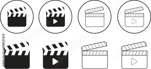 Open cinema clapboard filming movie design element icon set. Clapperboard for video camera action. Vector black flat and line collection isolated on transparent background. Cinematography sign