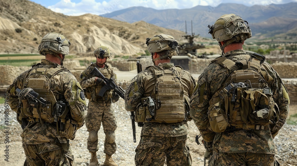 Fototapeta premium Group of Soldiers Preparing for Mission in Military Setting, Engaged in Tactical Planning Amidst Rugged Terrain Under Clear Skies