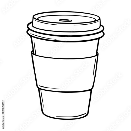 Paper cup for coffee. Coffee hot drink take away. Coffee to go outline drawing painted by black inks. Hand drawn vector illustration on white. Monochrome Outline picture. Decoration for menus