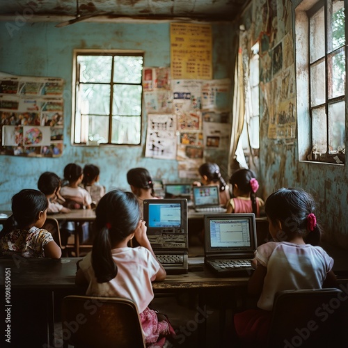 Girls learn computers in dilapidated classroom.