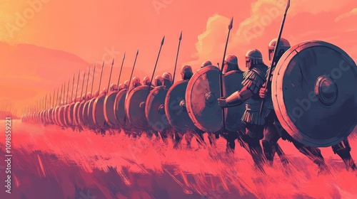 Illustration of a Spartan phalanx advancing in a dramatic landscape, showcasing the power and discipline of ancient warriors in vibrant colors and detail. photo