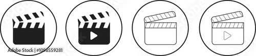 Open cinema clapboard filming movie design element icon set. Clapperboard for video camera action. Vector black flat and line collection isolated on transparent background. Cinematography sign