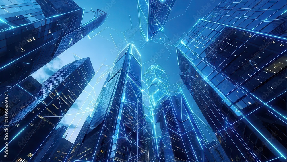 Fototapeta premium A stunning view of a futuristic cityscape, showcasing tall skyscrapers at night with blue neon lights glowing.
