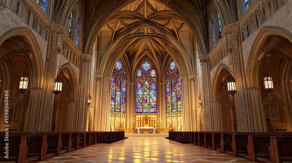 Obraz premium Majestic Interior of a Grand Cathedral Featuring Stunning Stained Glass Windows Illuminated by Soft Light in a Serene Ambiance