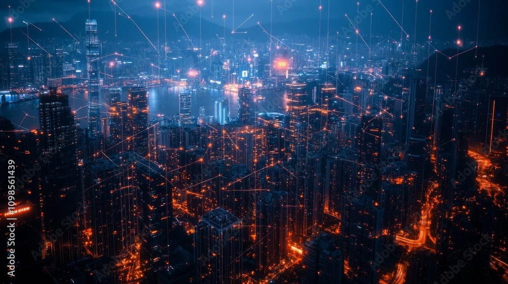 Obraz premium Night Cityscape with Digital Connections