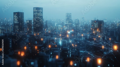Futuristic Cityscape at Night, Illuminated by a Digital Network