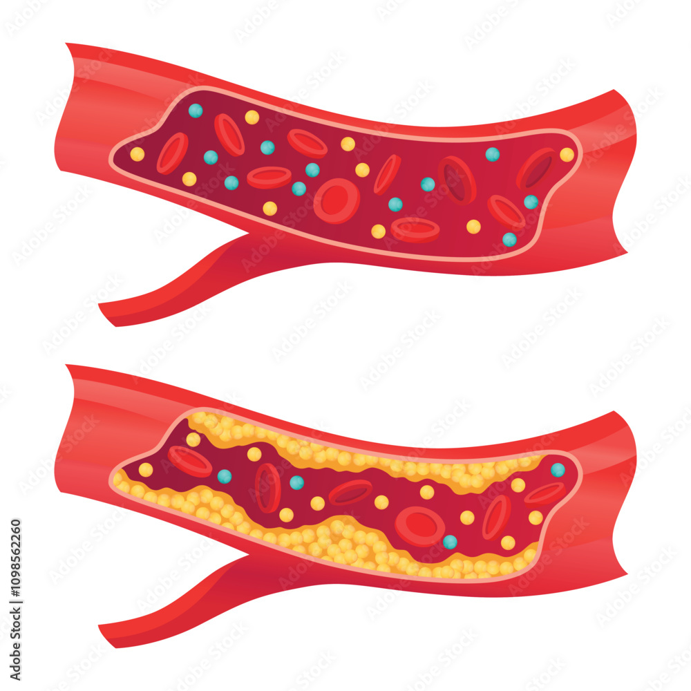 Types of cholesterol in human blood vessels. Normal and narrowed artery for explanation diseases. High-Density Lipoprotein HDL and Low-Density Lipoprotein LDL. Vector illustration