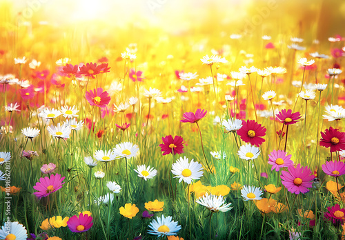 A field of wildflowers bathed in the golden glow of sunset.