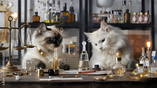 In a luxury perfume laboratory, a Birman cat perfumer skillfully develops new fragrances while a Whippet marketing director takes notes photo