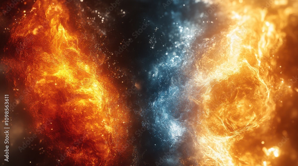 Naklejka premium Hyper-realistic hot vs cold fire and ice background with dynamic visual contrast of flames and crystals