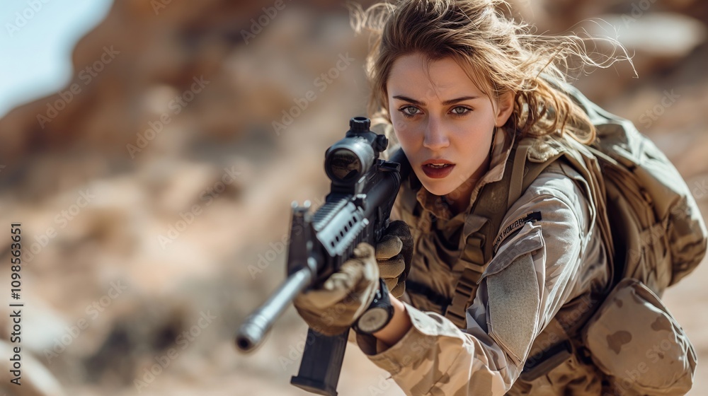 Fototapeta premium Determined woman soldier running through desert terrain for military training and empowerment themes