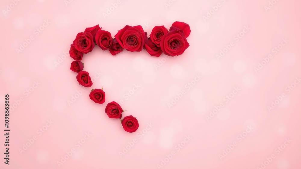 Obraz premium A heart-shaped arrangement of red roses on a soft pink background, creating a delicate and romantic backdrop.
