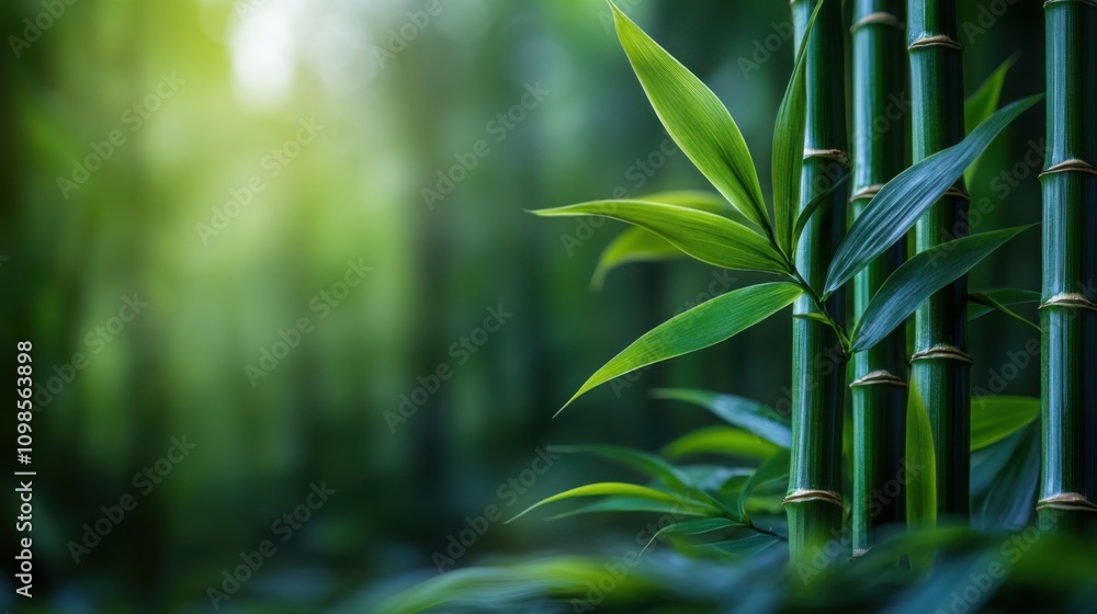 Fototapeta premium Lush green bamboo stems with leaves on a calming zen-inspired background creating a peaceful ambiance