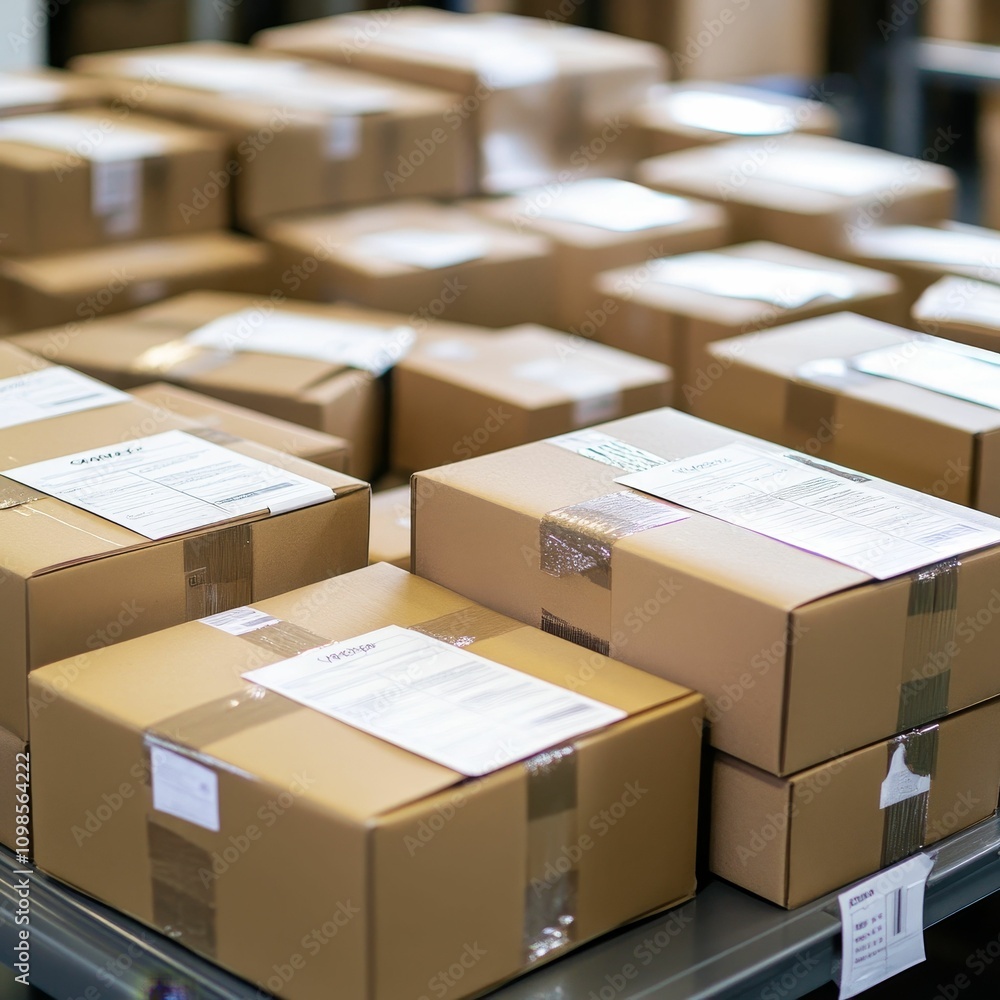 Fototapeta premium Many cardboard boxes stacked on shelf.