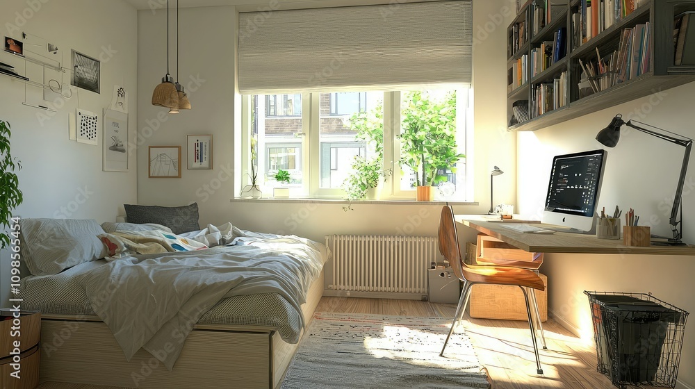 Fototapeta premium Bright and Airy Minimalist Studio with a Small Bed and Desk, Featuring Natural Light and Inviting Decor for a Cozy Workspace Retreat