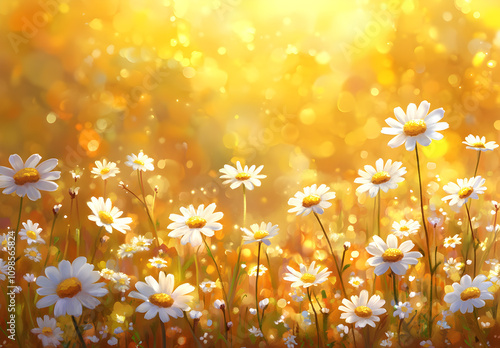 A field of wildflowers bathed in the golden glow of sunset.