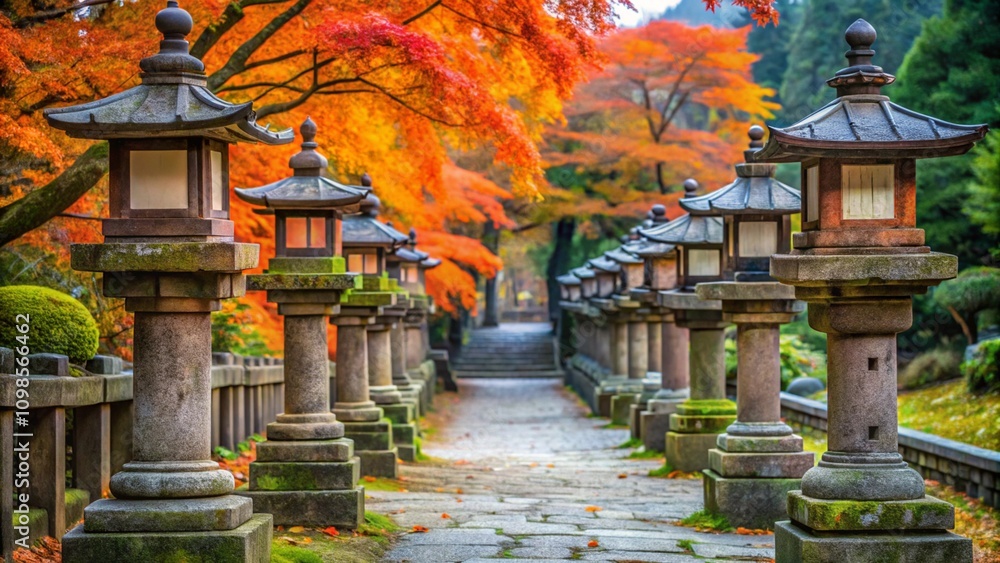 Obraz premium Traditional Japanese stone lanterns leading to the temple gate in autumn 