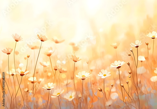 A field of wildflowers bathed in the golden glow of sunset.