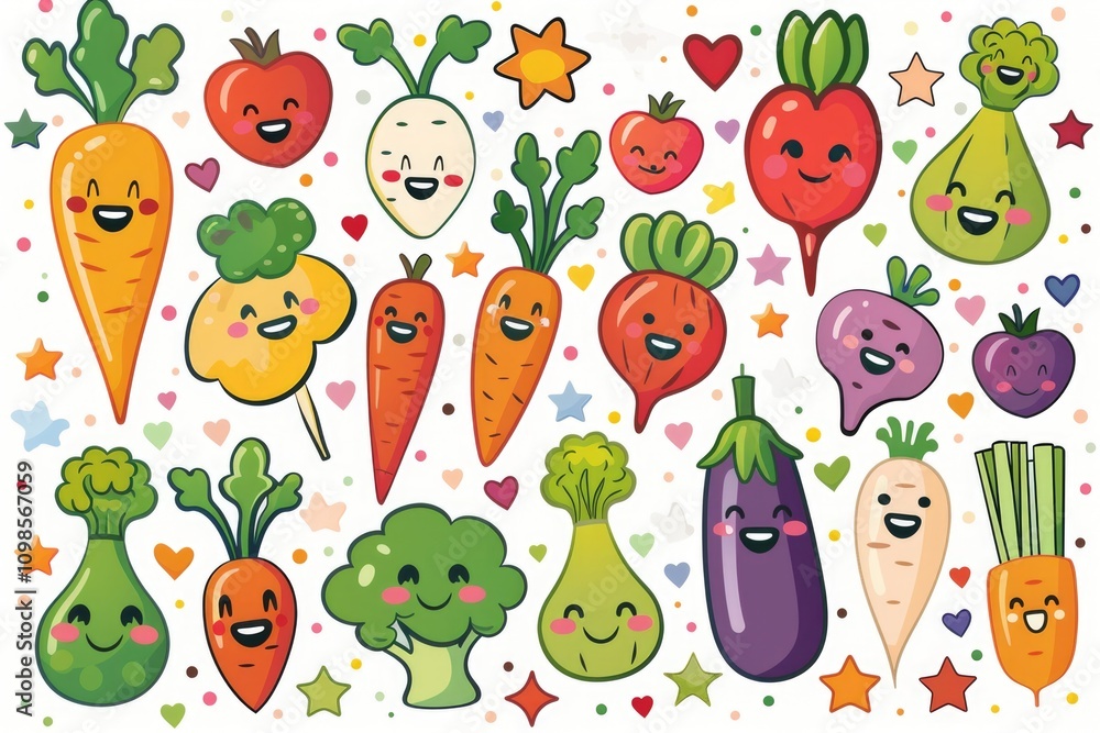 Fototapeta premium Colorful illustration of cartoon vegetables with smiling faces
