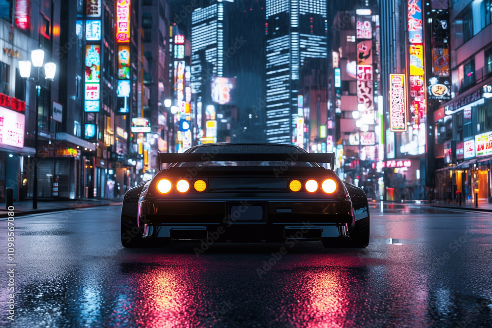Obraz premium Neon Pursuit: Sport Racing Car in Futuristic Cityscape. 