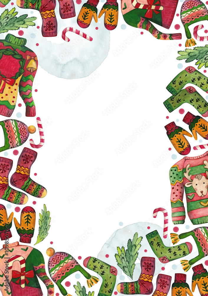 Obraz premium Ugly Christmas sweaters, hat, socks and mittens in a rectangular frame. Watercolor illustration with space for text. Background for cards and stories
