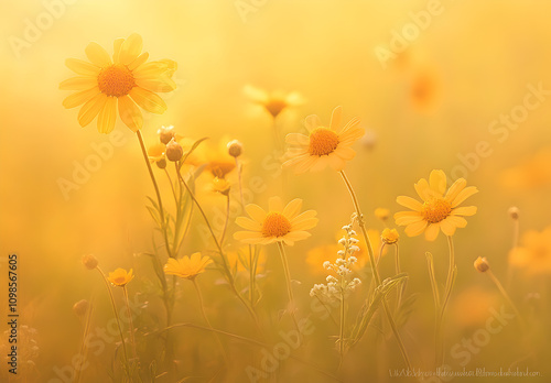 A field of wildflowers bathed in the golden glow of sunset.