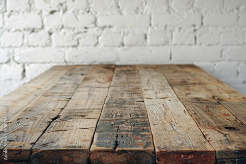 A simple wooden table placed in front of a clean white brick wall, perfect for minimalistic settings