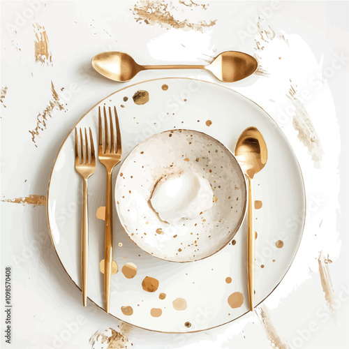 A watercolor of White and Gold Plates, isolated on a white background. Plates vector.
