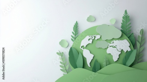 A pure white background featuring a green environmental impact report, symbolizing corporate responsibility and sustainability assessment, Simplified flat paper art illustration of