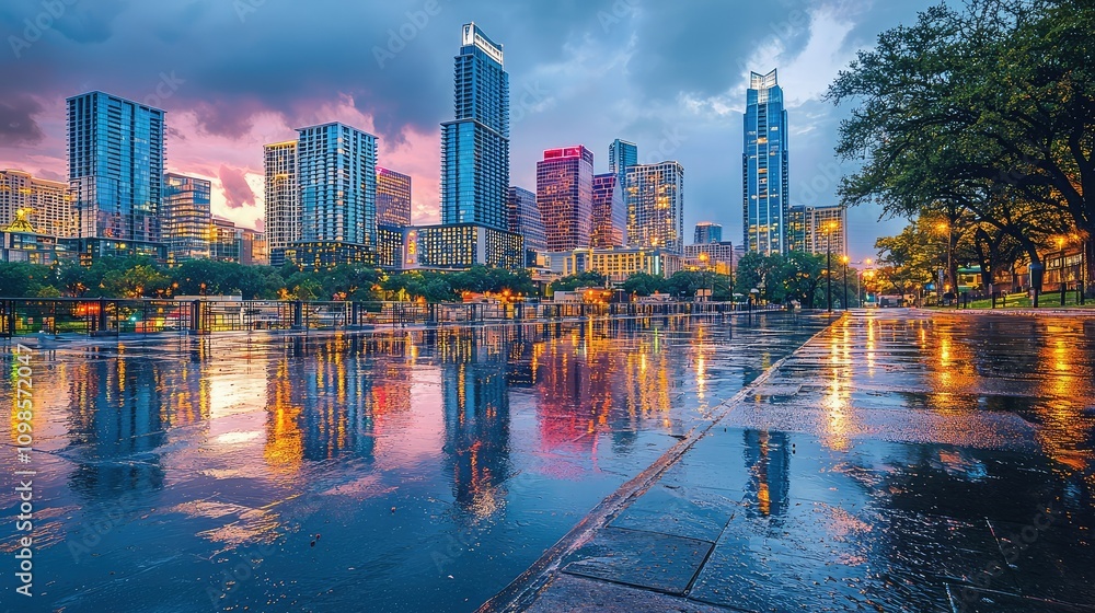 Obraz premium Stunning Skyline View of a Modern City with Vibrant Reflections on Wet Pavement at Dusk, Showcasing Dramatic Cloudy Sky and Urban Lights