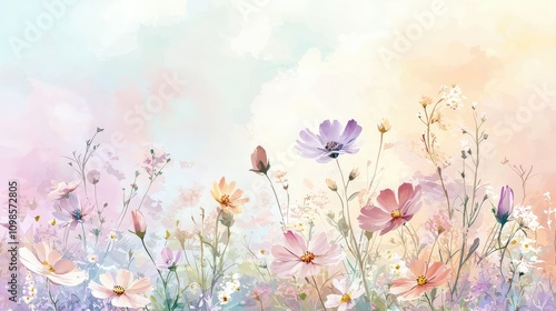 Soft Pastel Background of Fresh Wildflowers in Bloom, Evoking Serenity and Nature's Beauty, Perfect for Various Design Projects