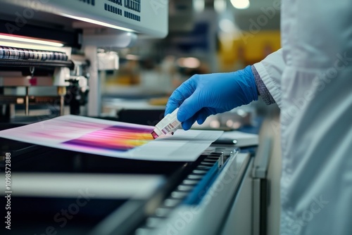 Technician inspecting color calibration print. photo