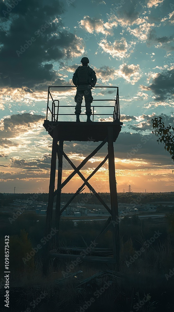Naklejka premium Soldier Standing Guard on High Watchtower at Sunset Overlooking Scenic Landscape with Dramatic Cloudy Sky and Golden Horizon
