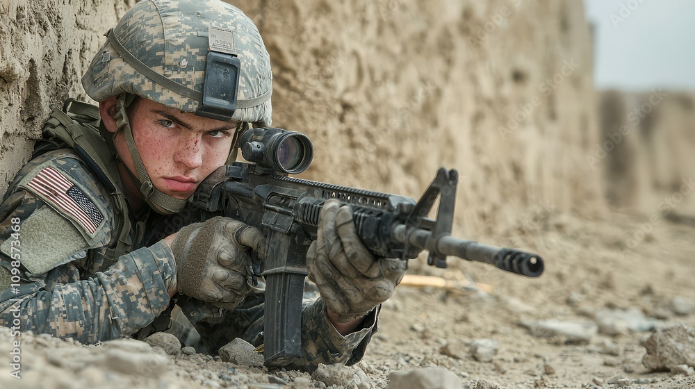 Fototapeta premium Soldier Taking Cover Behind Wall with Rifle Aimed in Combat Situation, Displaying Focus and Strategy in Military Operations, Engaged in Tactical Maneuvers