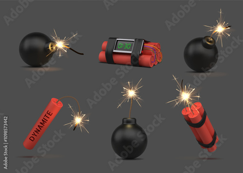 3d bomb. Dynamite explosive boom. TNT detonator or firework fuse stick. Wick fire sparkle. Realistic danger spark. Mine with timer. Gunpowder burst. Bombing attack. Vector weapon set