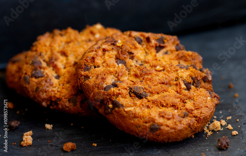 Biscuits with chocolate on rustic table.Biscuits sweet cookie background.