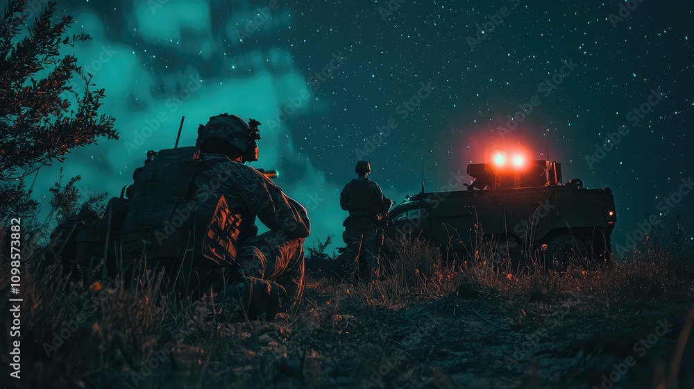 Fototapeta premium Soldiers Undertaking a Nighttime Mission under Starry Sky with Green Tinted Atmosphere and Tactical Vehicles in the Background