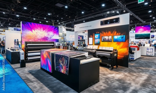 Large-format printer display at trade show booth.