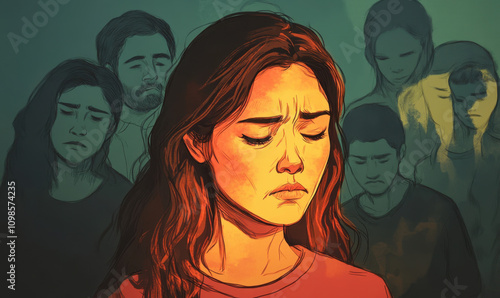 Woman Feeling Sad and Lonely: A young woman with a melancholic expression is surrounded by blurred figures, conveying a sense of isolation and emotional distress.