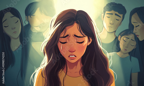 Heartbreak and Support: A young woman weeps, surrounded by family offering comfort and empathy in a digital painting, conveying a poignant message of emotional support and togetherness.