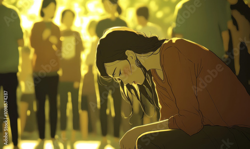 Lost in the Crowd: A young woman sits alone, head bowed, amidst a blurred sea of people, evoking feelings of isolation and introspection. The warm, golden light casts a melancholic glow.